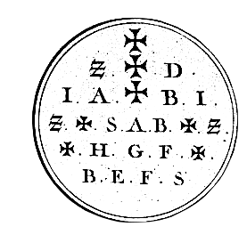 A circle, with symbols and letters in it, containing multiple crosses and stylised Zs